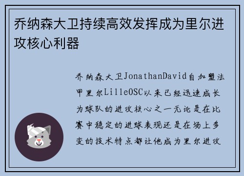 乔纳森大卫持续高效发挥成为里尔进攻核心利器 乔纳森大卫持续高效发挥成为里尔进攻核心利器